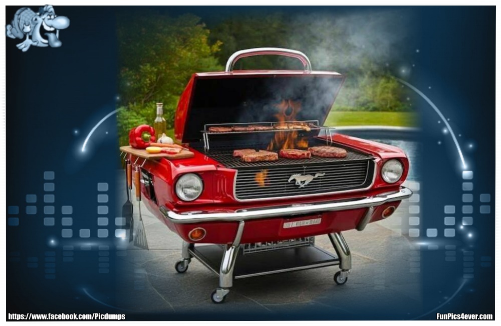 Mustang Grill - nette Idee. Da wird es aber richtig heiß im Motorraum.