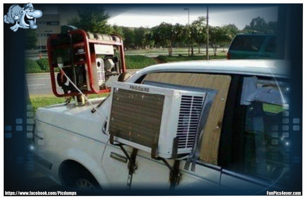 Klimaanlage im Auto - mit einem Notstromaggregat auch noch das Ganze betreiben. Alle Achtung!