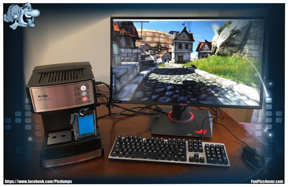 Ein Gamer Place der Extraklasse. Gleich mit Kaffeemaschine. Nonstop zocken ist hier angesagt.